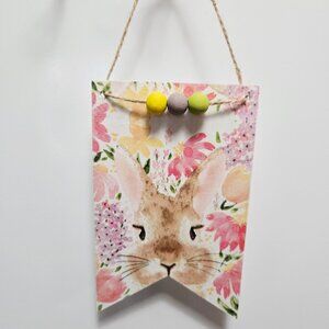 Handcrafted Decoupage Floral Easter Bunny Wooden Hang Tag Tiered Tray Home Decor